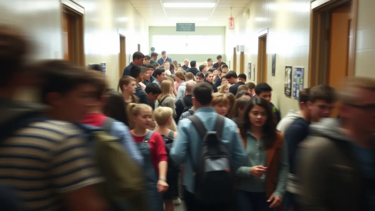 Imatge genèrica d'un passadís d'institut amb alumnes, alguns asseguts en les escales, que reflectix la falta d'espai.