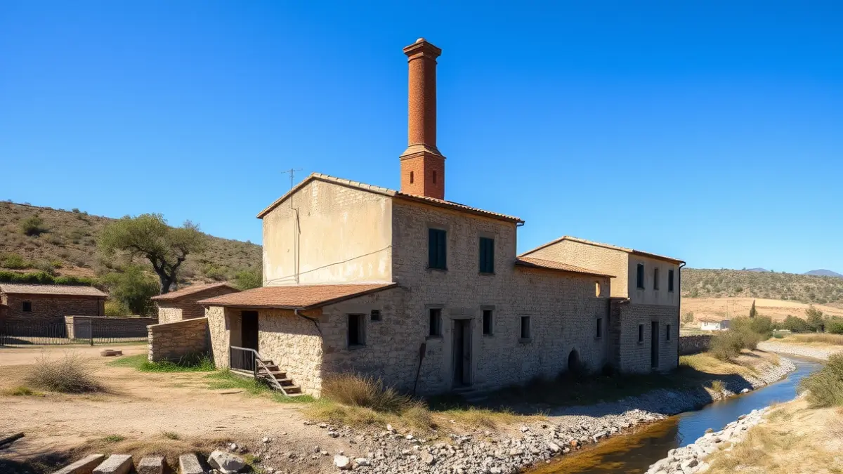 Image of the old Montagud Mill in Alzira, with its prominent brick chimney.