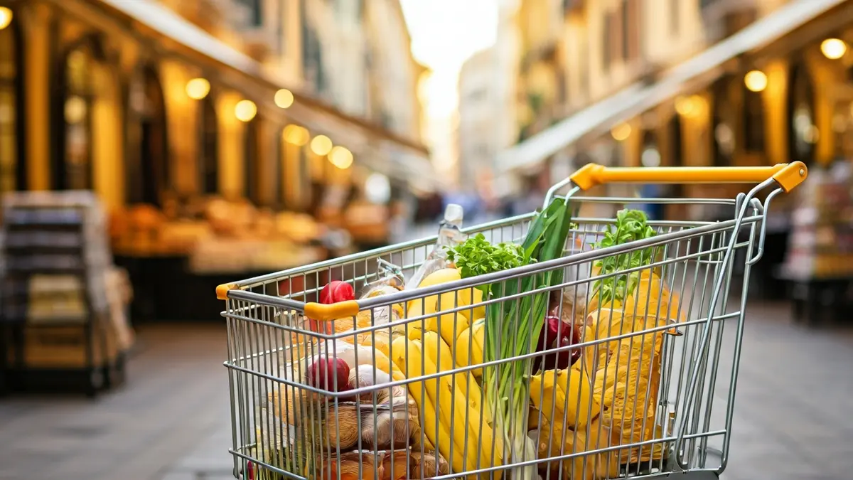 Imatge genèrica d'un carro de la compra ple de productes en un entorn comercial.