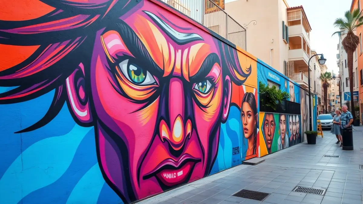 Image of a feminist mural with an expressive human face on a public wall in Alzira.