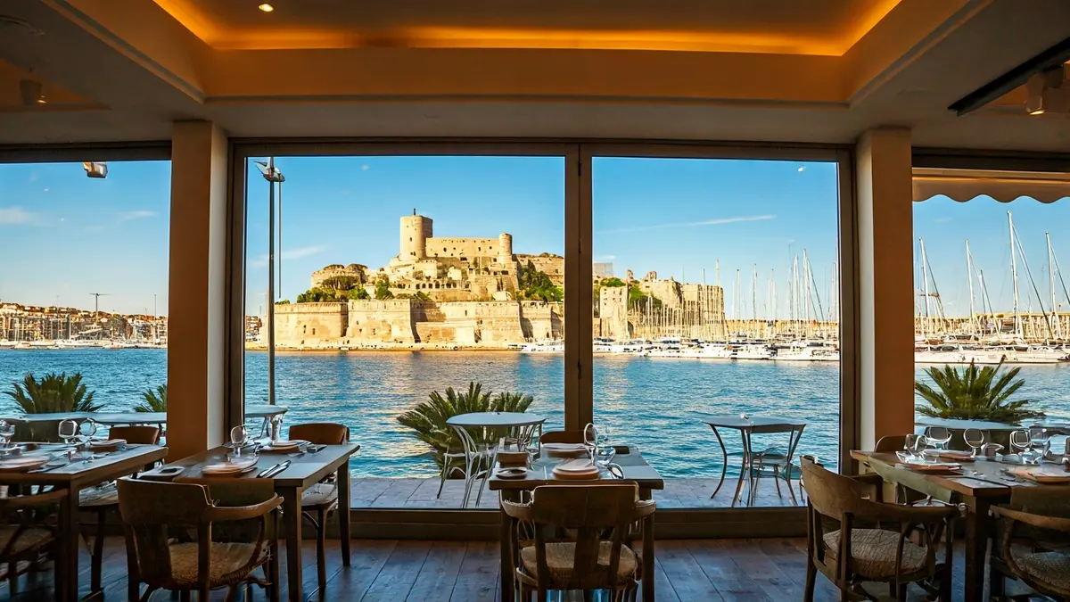 Image of an elegant restaurant overlooking a marina and a historic castle in Dénia.