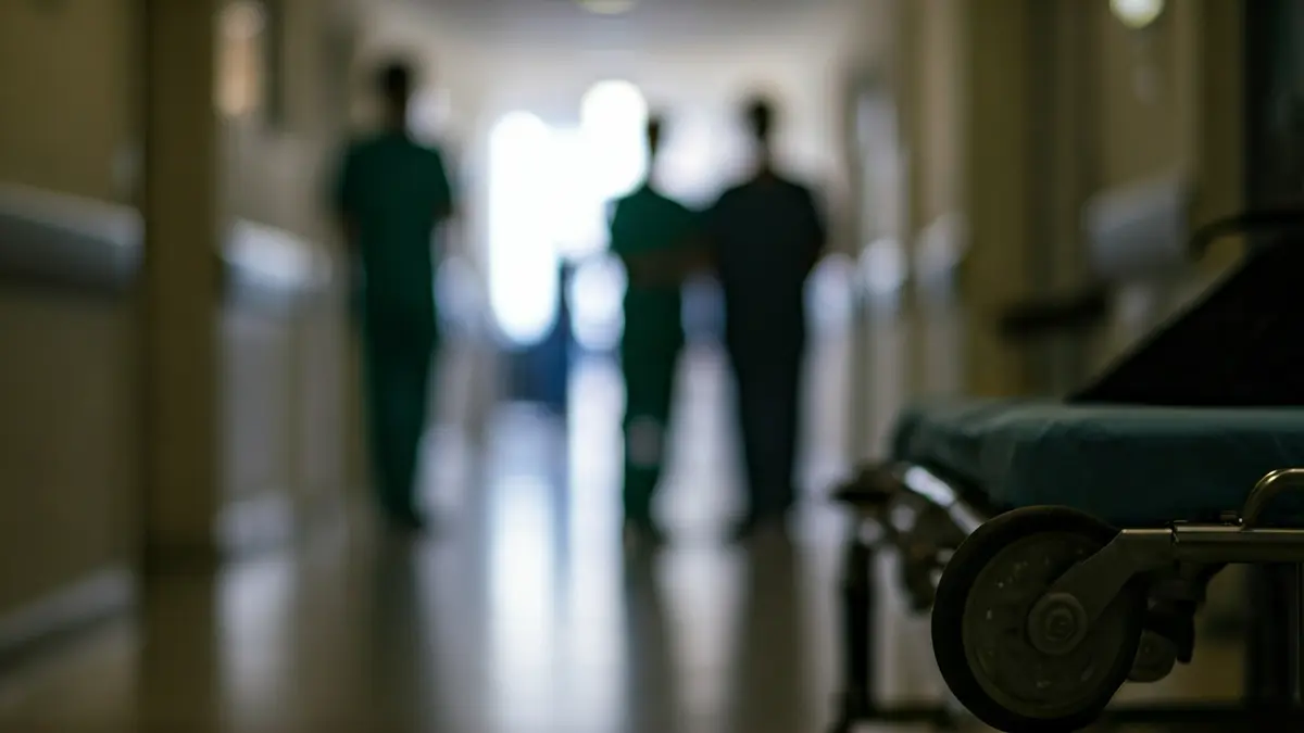Generic image of a hospital gurney wheel in a corridor, with blurred figures of medical staff in the background.
