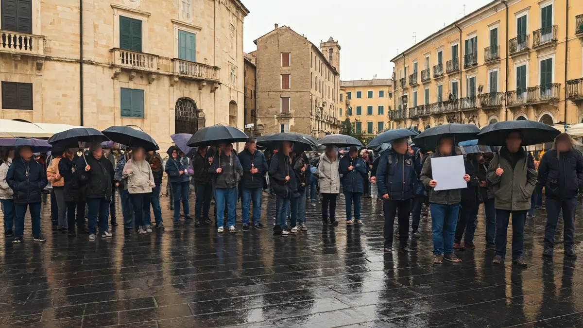 Imatge d'una concentració de persones sota la pluja en una plaça de la ciutat, amb pancartes de protesta.