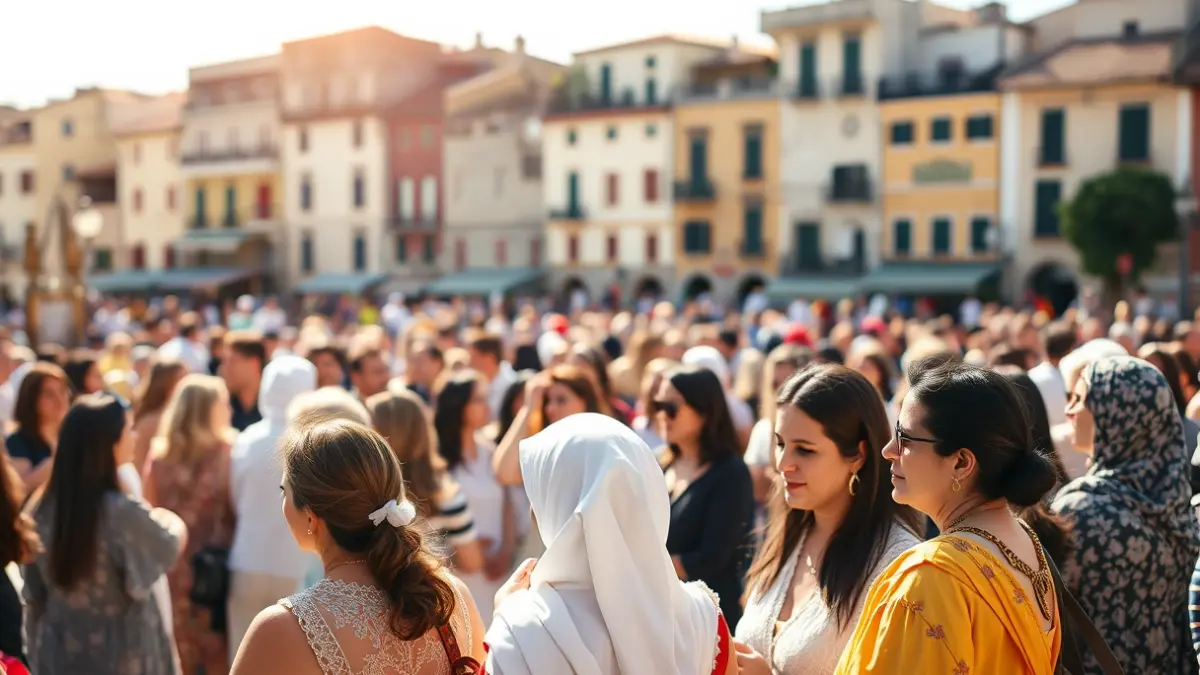 Imatge d'un grup de dones reunides en una plaça d'un poble mediterrani.