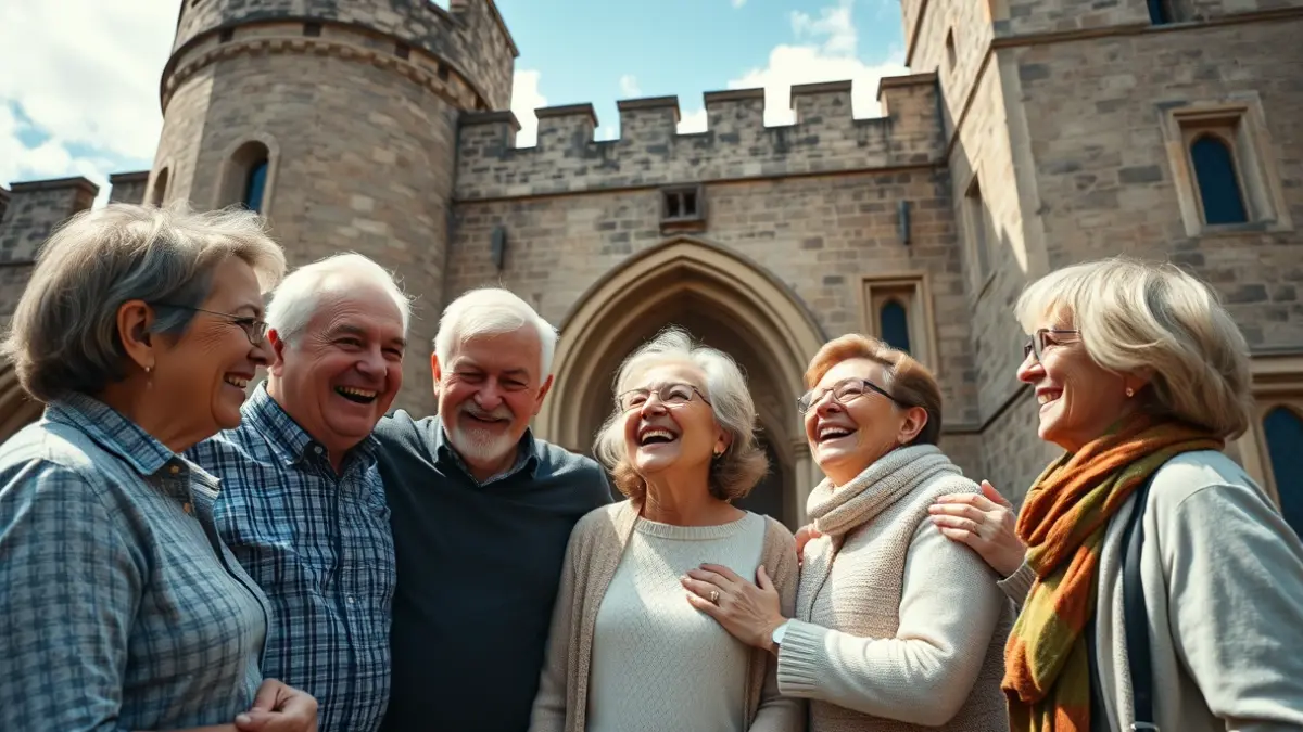 Imagen de un grupo de adultos reunidos frente al Castillo de Benissanó.