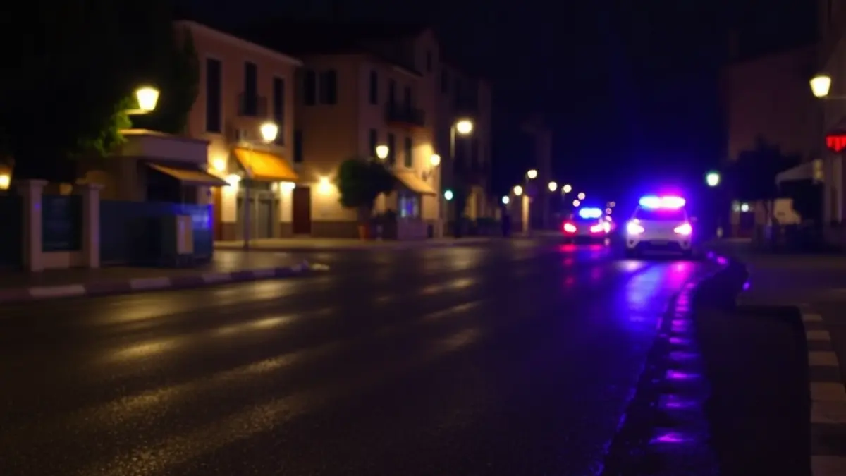 Generic image of emergency lights reflecting on wet asphalt at night.