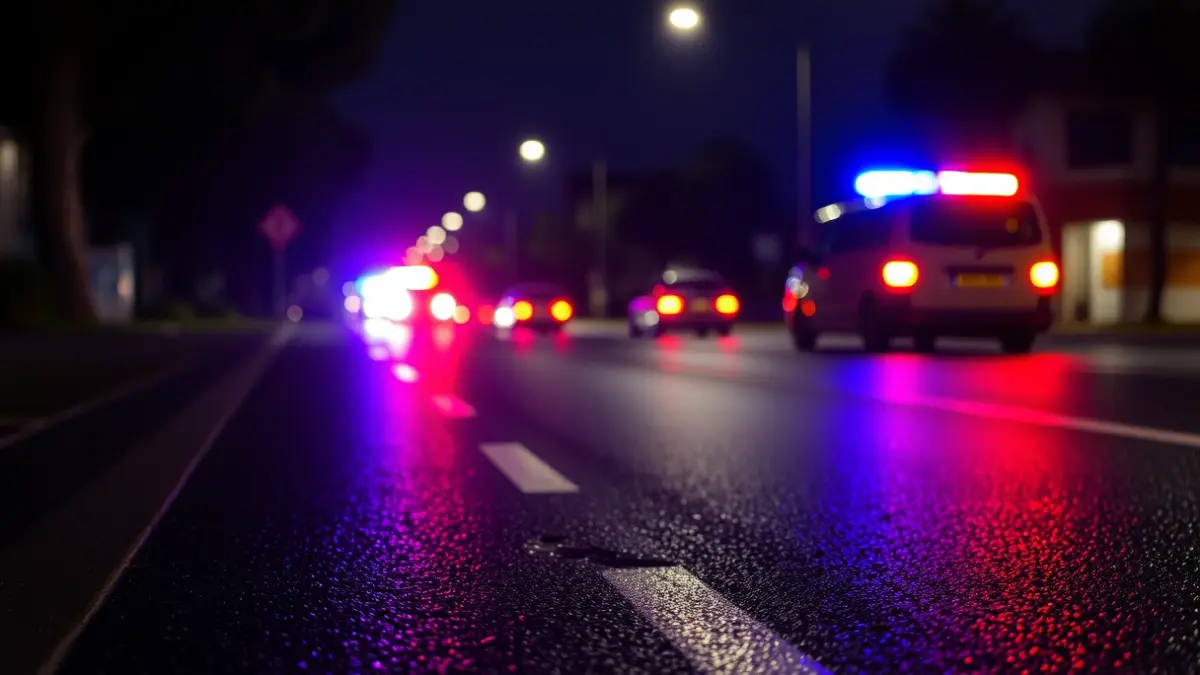 Generic image of emergency lights reflecting on wet asphalt at night.
