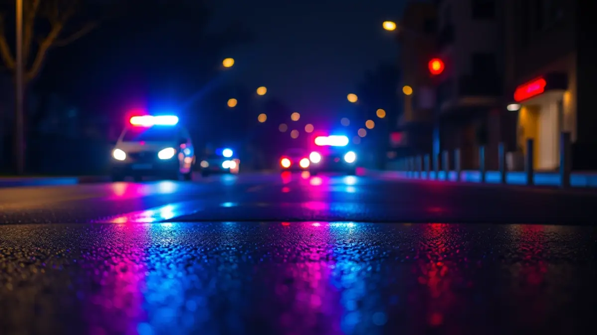 Imatge genèrica de llums d'emergència reflectint-se en l'asfalt mullat de nit.