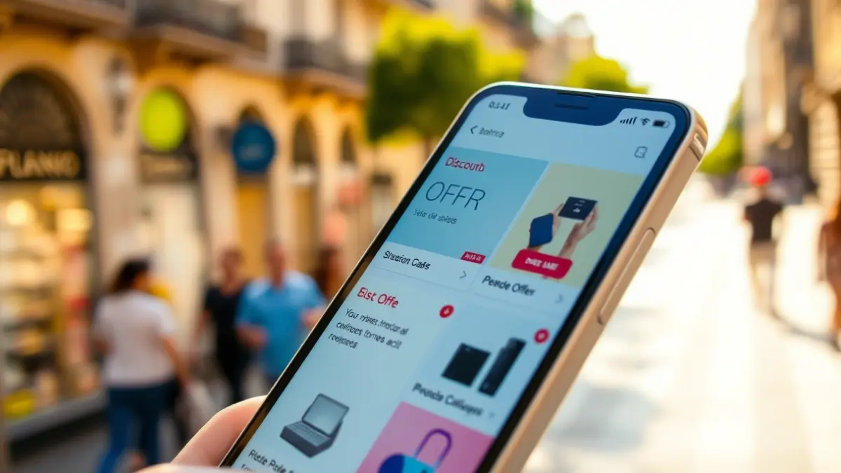 Generic image of a smartphone screen displaying digital offers and catalogs in an urban setting.