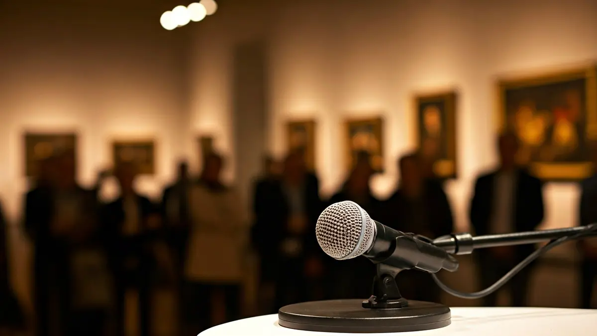 Imatge genèrica d'un micròfon en un podi en una sala de museu, representant una taula redona cultural.