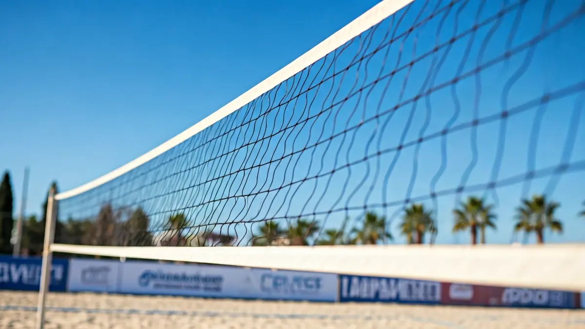 Generic image of a beach volleyball net under a blue sky.