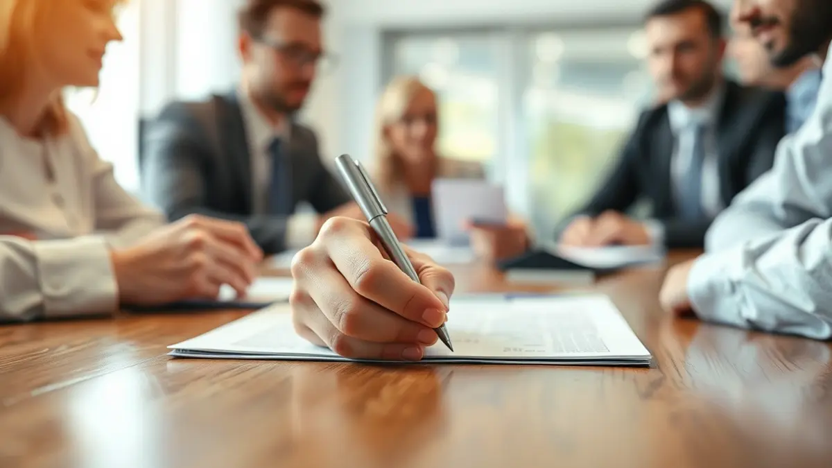 Imagen genérica de unas manos firmando un documento en una mesa de madera durante una reunión.