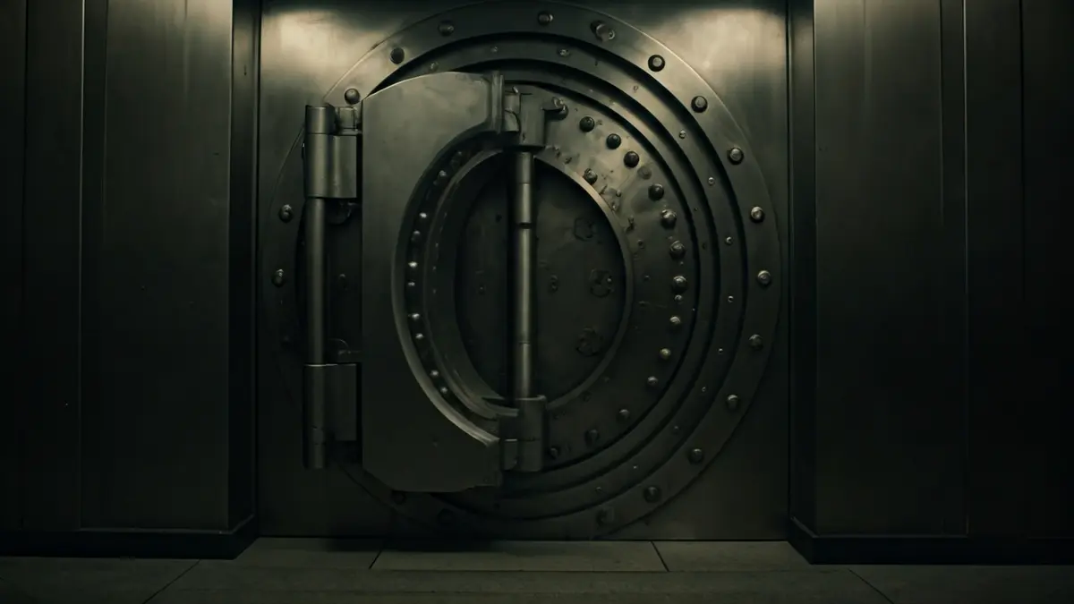 Image of a bank vault door, slightly ajar, with dim lighting.