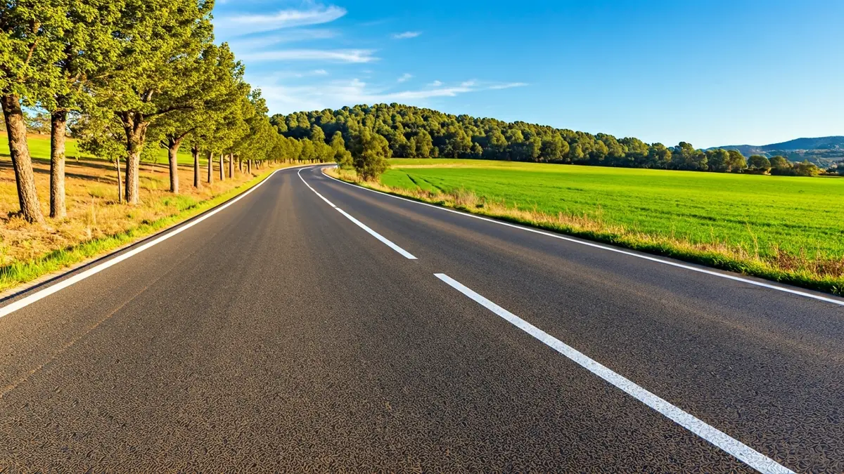 Imatge genèrica d'una carretera rural recentment asfaltada amb camps verds als costats.