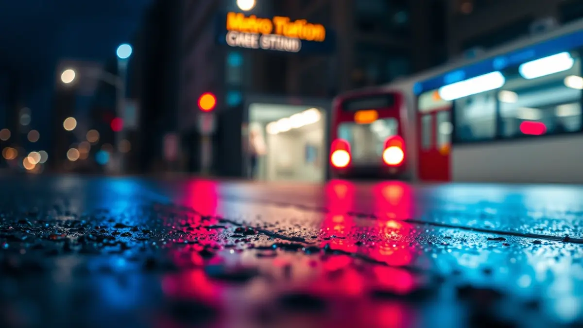 Imatge genèrica de llums d'emergència reflectint-se en l'asfalt mullat prop d'una estació de metro.