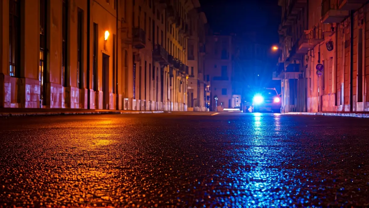 Generic image of emergency lights reflecting on wet asphalt.