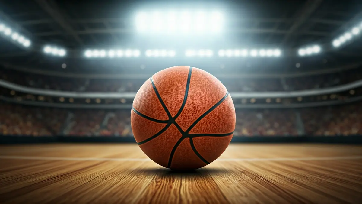 Imatge genèrica d'una pilota de bàsquet en una pista de fusta, amb llums d'estadi desenfocades al fons.