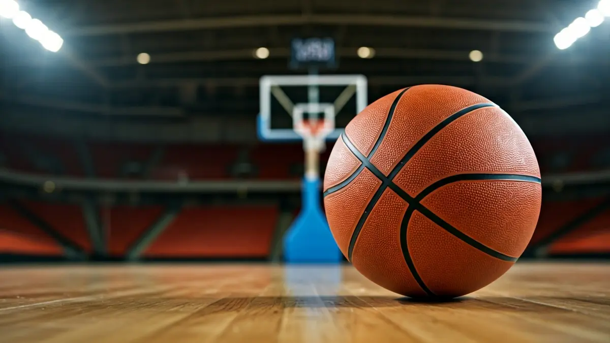 Imagen genérica de un balón de baloncesto en una cancha de madera, con un aro desenfocado al fondo.