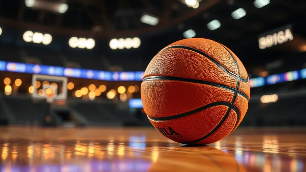 Imatge genèrica d'una pilota de bàsquet en una pista de fusta, amb llums d'estadi desenfocades al fons.