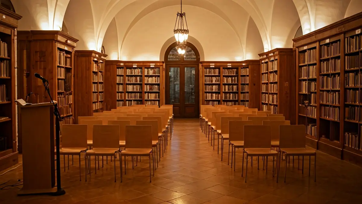 Generic image of a warmly lit library with a podium and chairs.