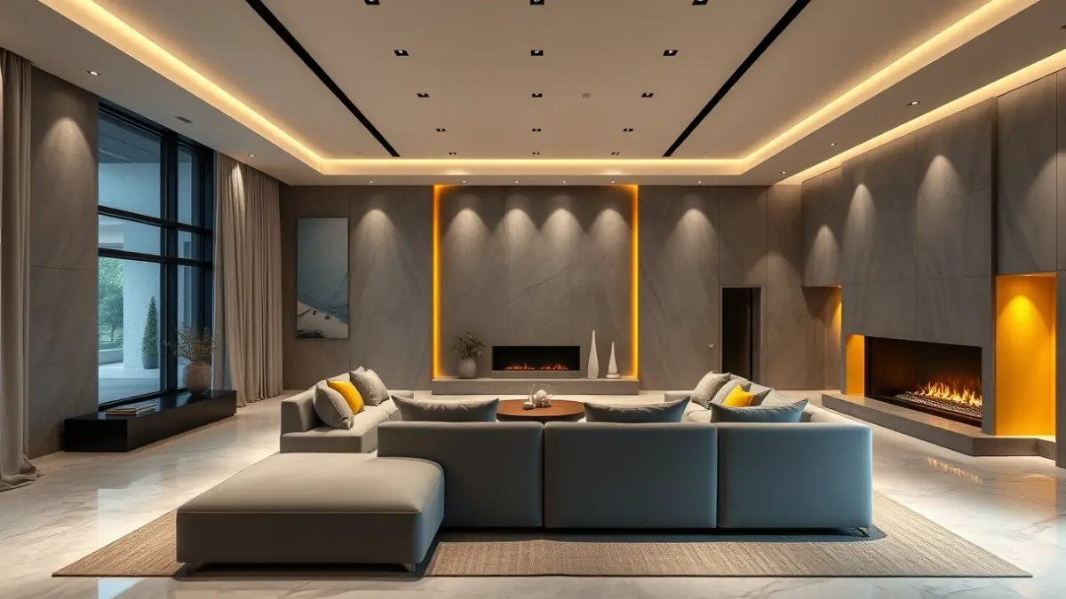 Imatge d'un escenari de concert amb una decoració que simula una mansió de luxe, amb un sofà escultural i una xemeneia, en tons grisos i detalls grocs.