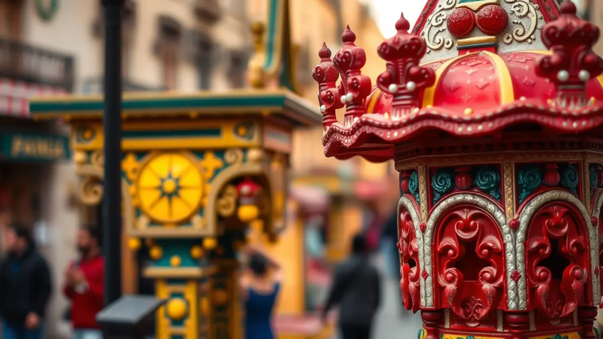 Imatge d'un monument de Fogueres amb detalls intricats i colors vius, en un ambient festiu.
