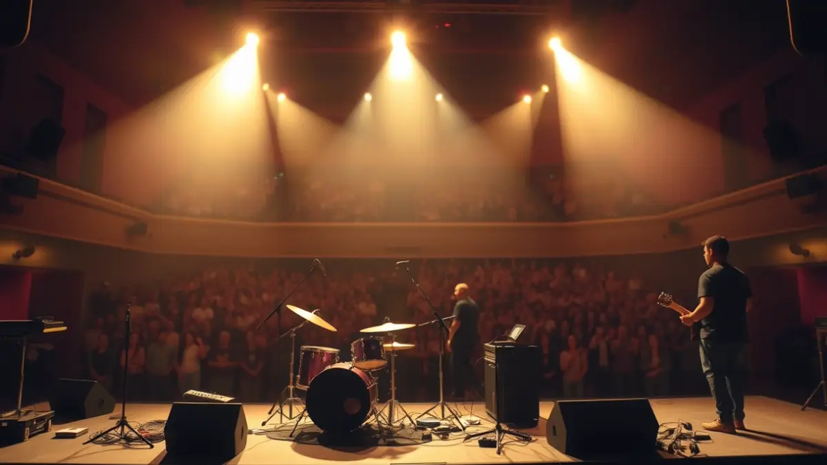 Generic image of a stage with musical instruments and concert lights.