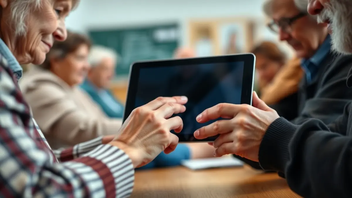 Generic image of elderly people learning to use digital devices in a workshop.