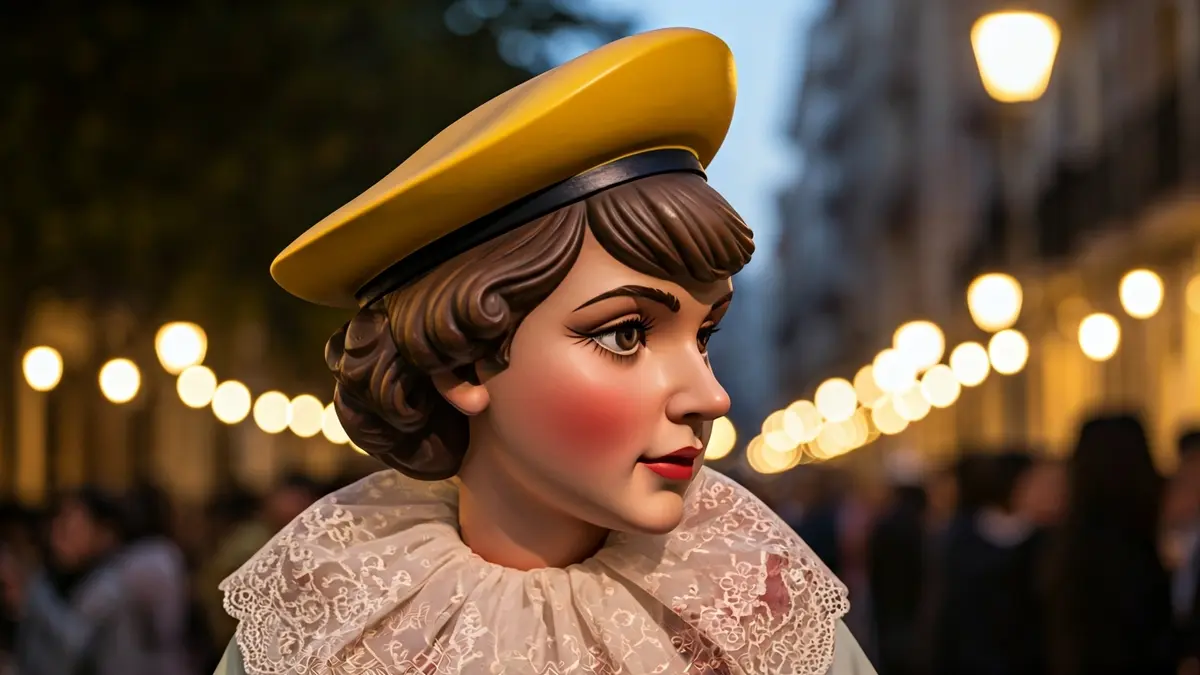 Image of a Valencian Fallas 'ninot' head with vibrant colors and intricate details, with a blurred background of a festive street.
