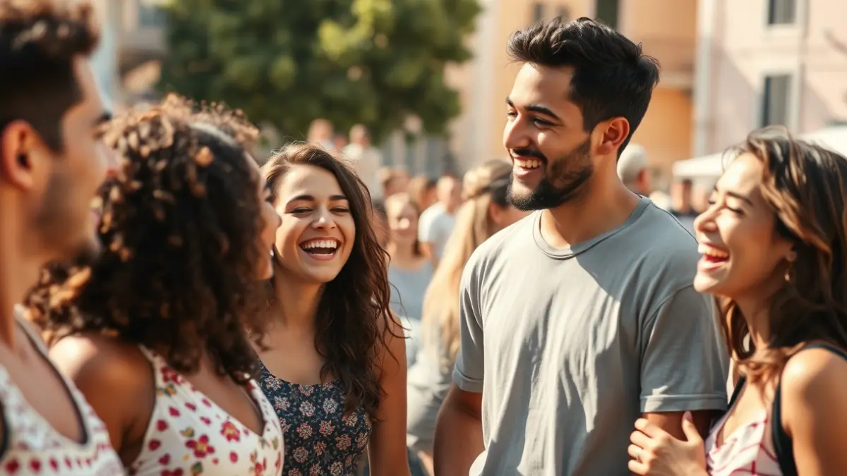 Imagen de jóvenes interactuando en un intercambio cultural en un pueblo mediterráneo.