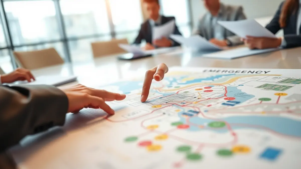 Imatge genèrica d'una mà assenyalant un mapa d'emergències en una taula de reunió.