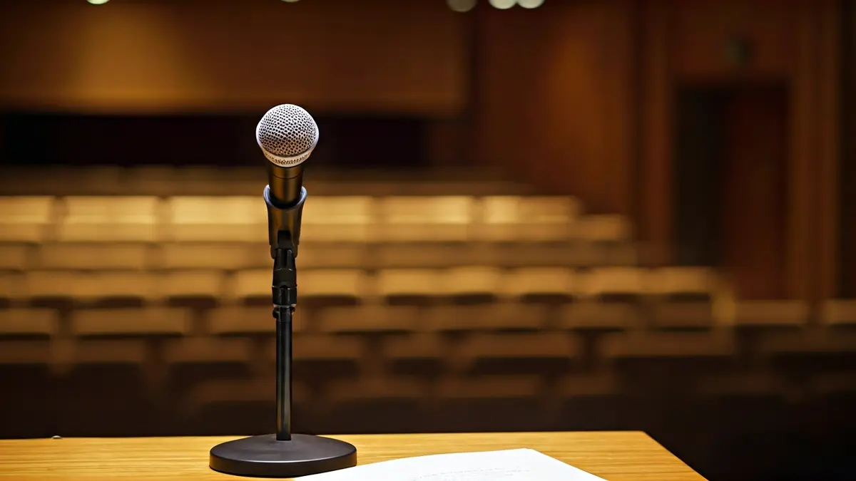Imatge genèrica d'un micròfon en un faristol en un auditori, simbolitzant un acte literari.