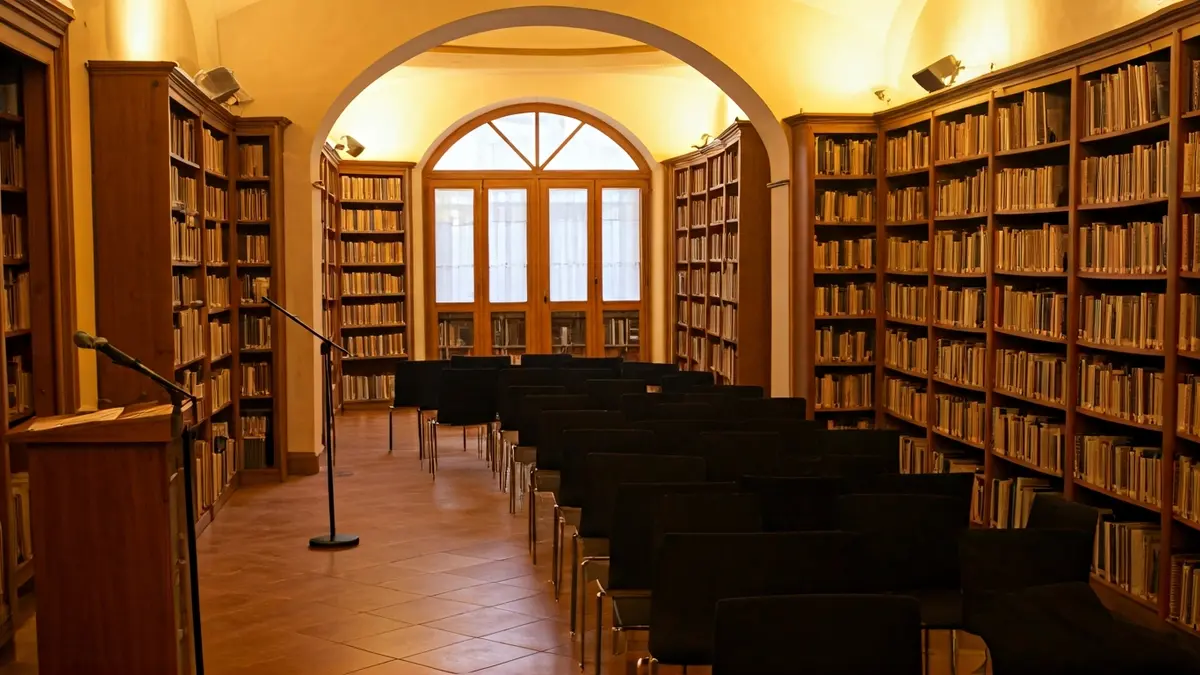 Generic image of an auditorium or reading room with a microphone and empty chairs.