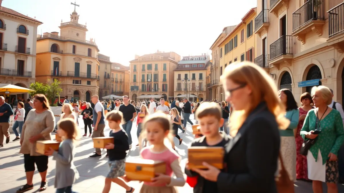 Imagen de las Cajas de Sant Marc en una plaza de Beniarjó, con niños y adultos participando en la tradición.