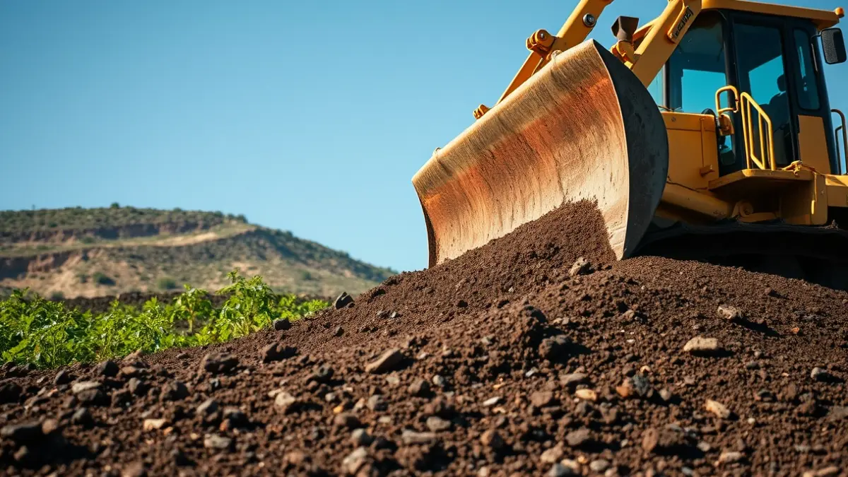 Imatge d'un bulldozer treballant en la restauració d'un abocador, amb vegetació creixent al fons.