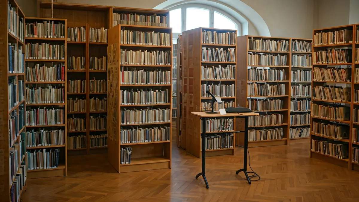 Imatge genèrica d'una biblioteca moderna amb un podi i cadires, suggerint un esdeveniment científic.