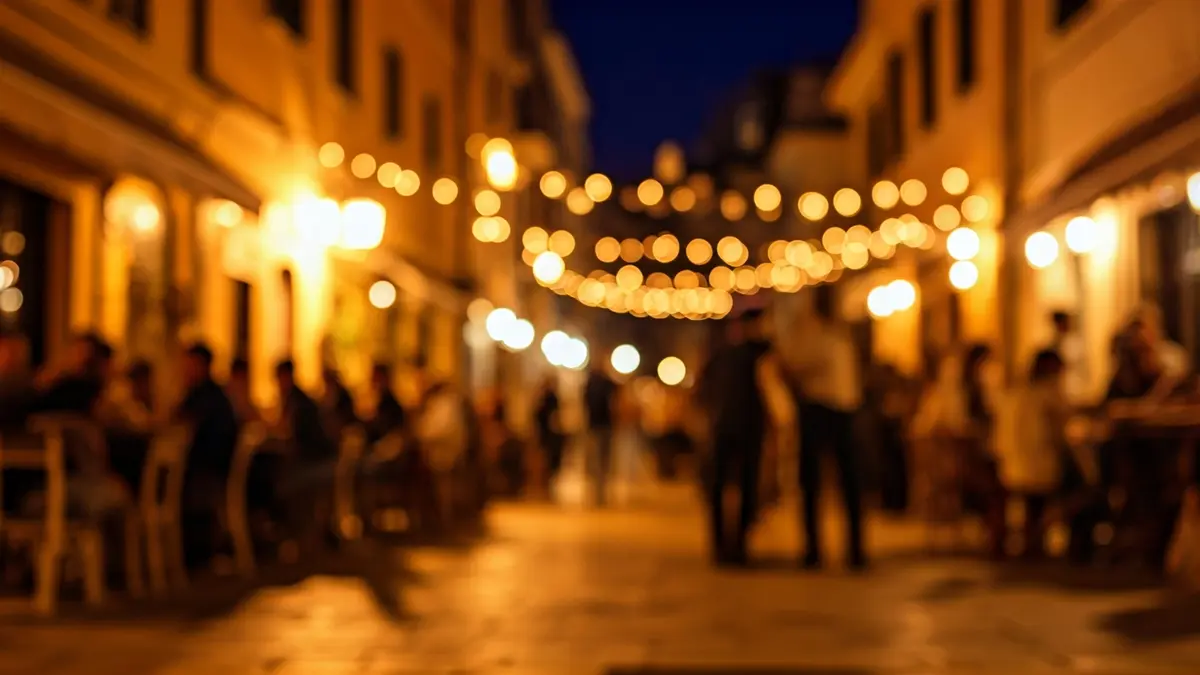 Generic image of a night street festival with music and gastronomy.