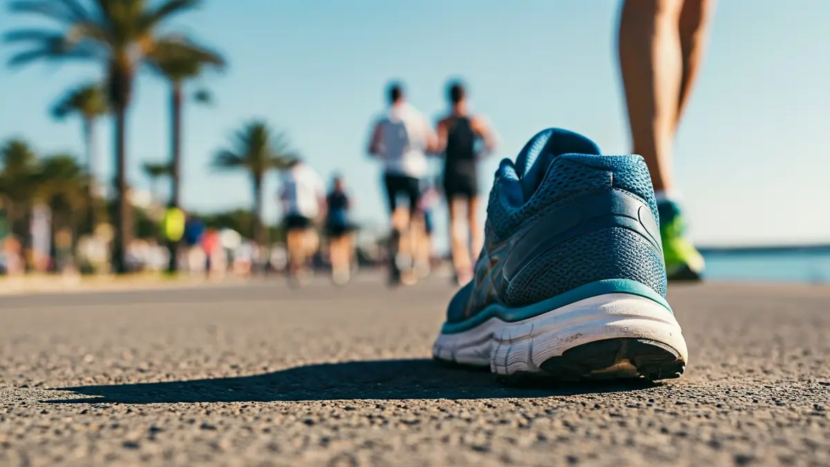Generic image of running shoes on a coastal path, with the Mediterranean Sea in the background.