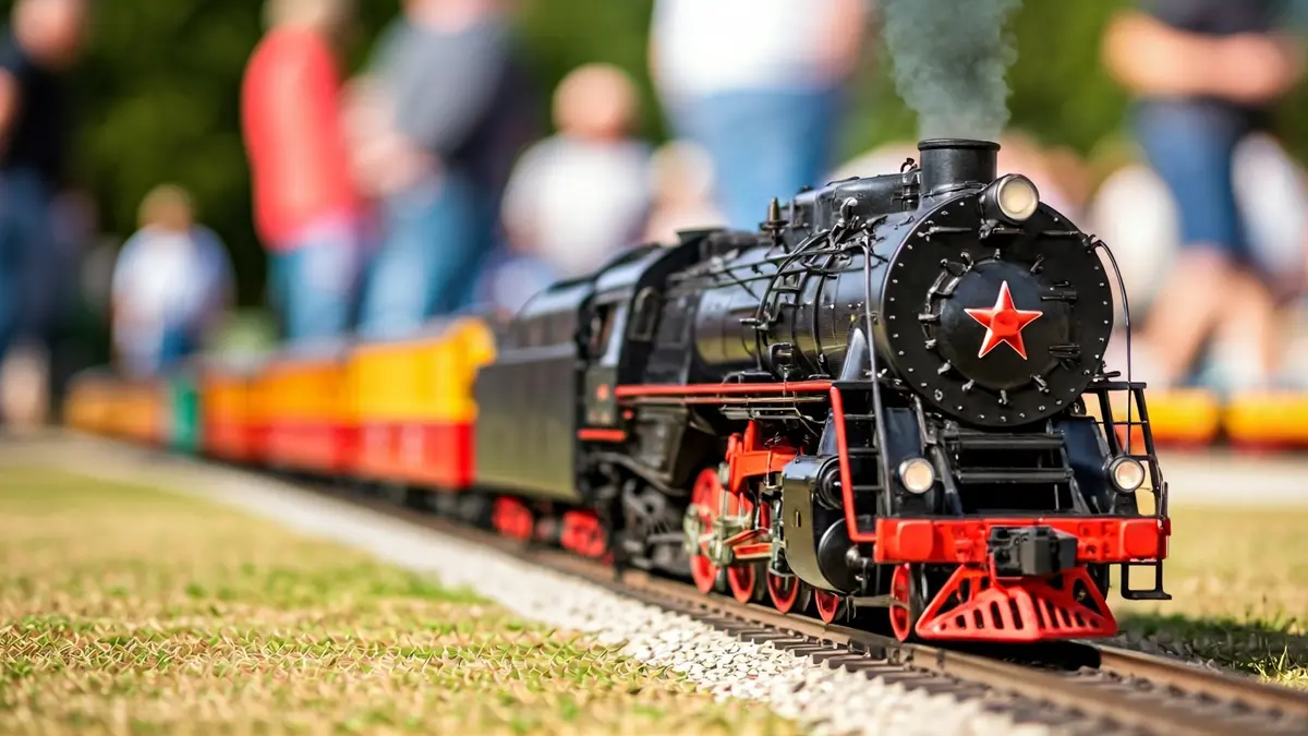 Imatge d'una locomotora de vapor en miniatura sobre les vies, amb aficionats al fons.