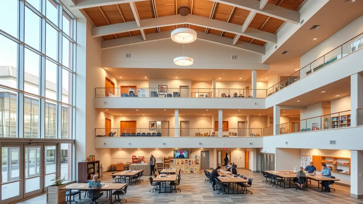 Imatge d'un edifici polifuncional modern i versàtil amb espais per a activitats associatives i formatives.