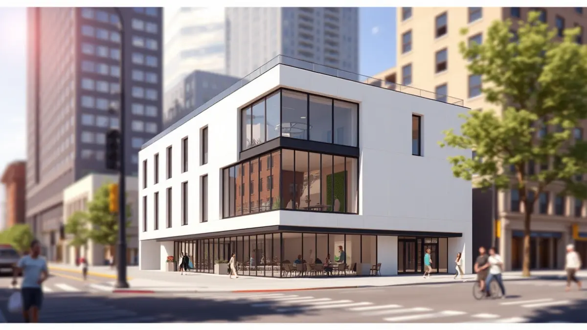 Imatge d'un edifici polifuncional modern en un entorn urbà.