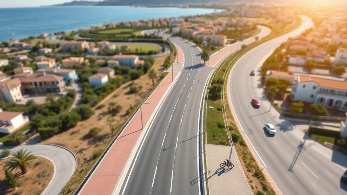 Imatge aèria d'una extensió de carretera en una ciutat costanera mediterrània, amb carrils nous, voreres amples i carril bici.