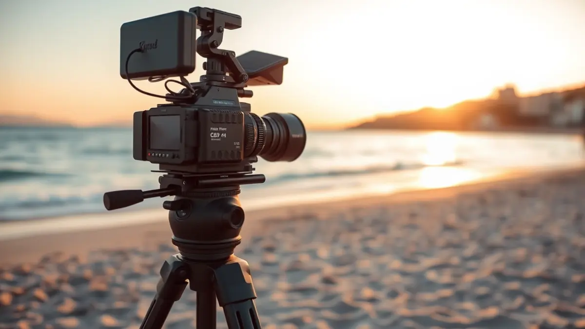 Image of a tripod with a camera on a beach, with the Mediterranean Sea in the background and a blurred coastal town, in a warm and inviting atmosphere.
