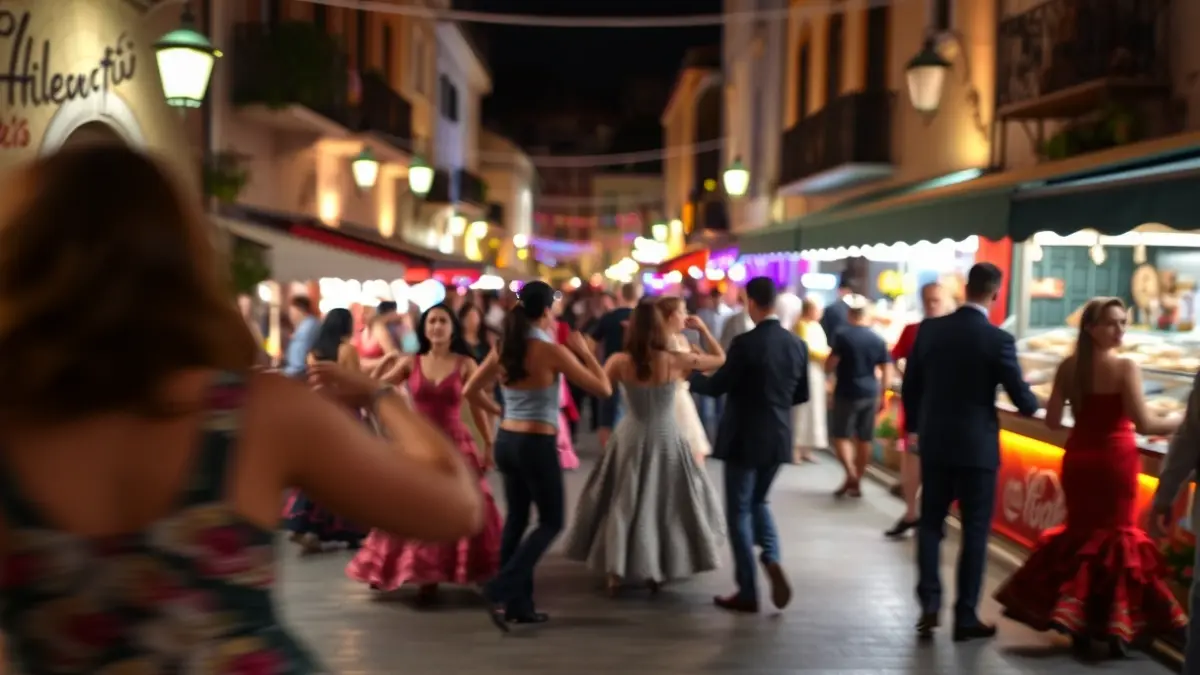 Festive atmosphere image with flamenco dancing and gastronomy in a Mediterranean street.