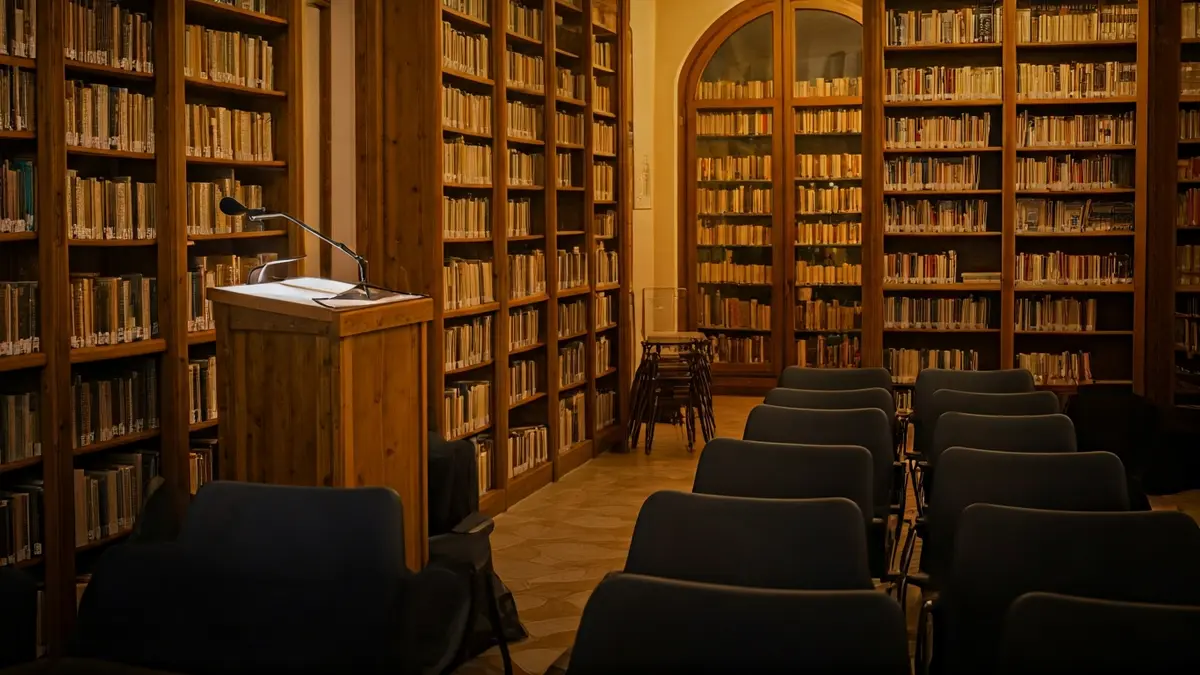 Generic image of a library with wooden bookshelves and a podium with a microphone.