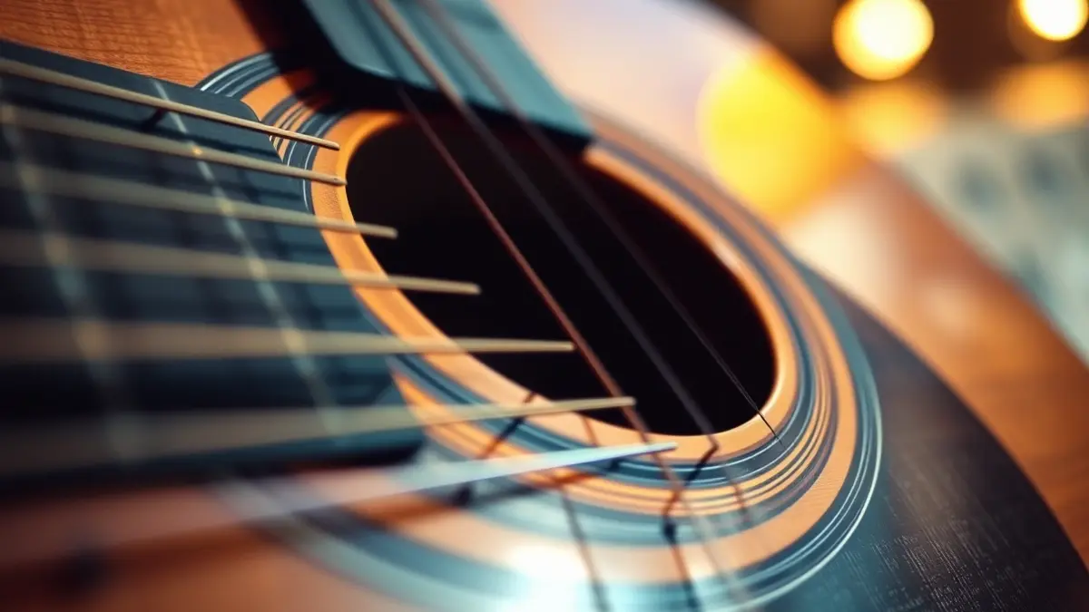 Imagen genérica de una guitarra clásica, con las cuerdas y la boca de la caja de resonancia en primer plano.