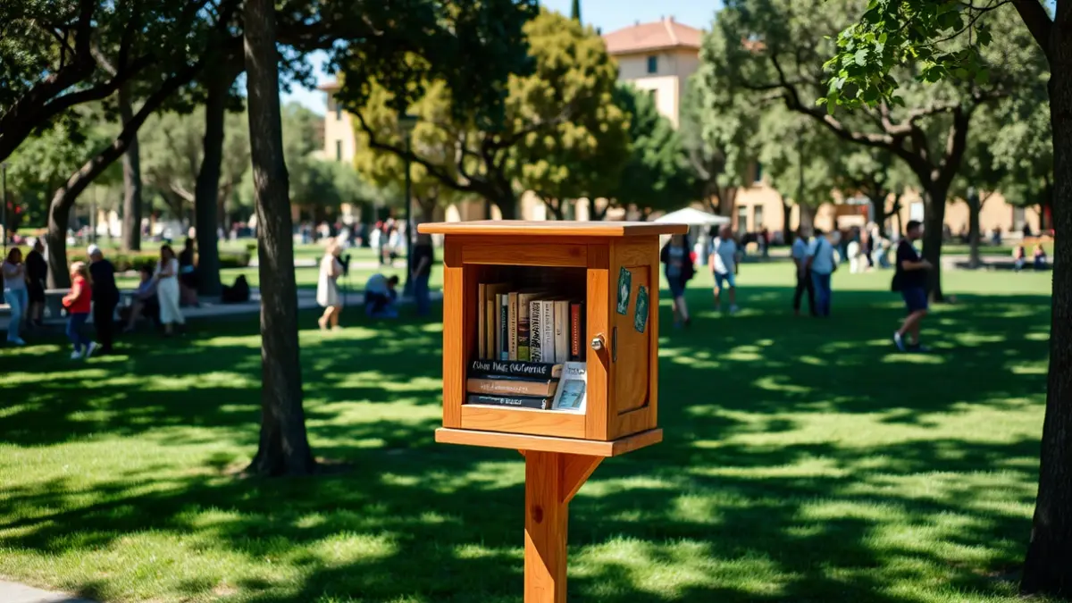 Generic image of a wooden book exchange box in a public park.