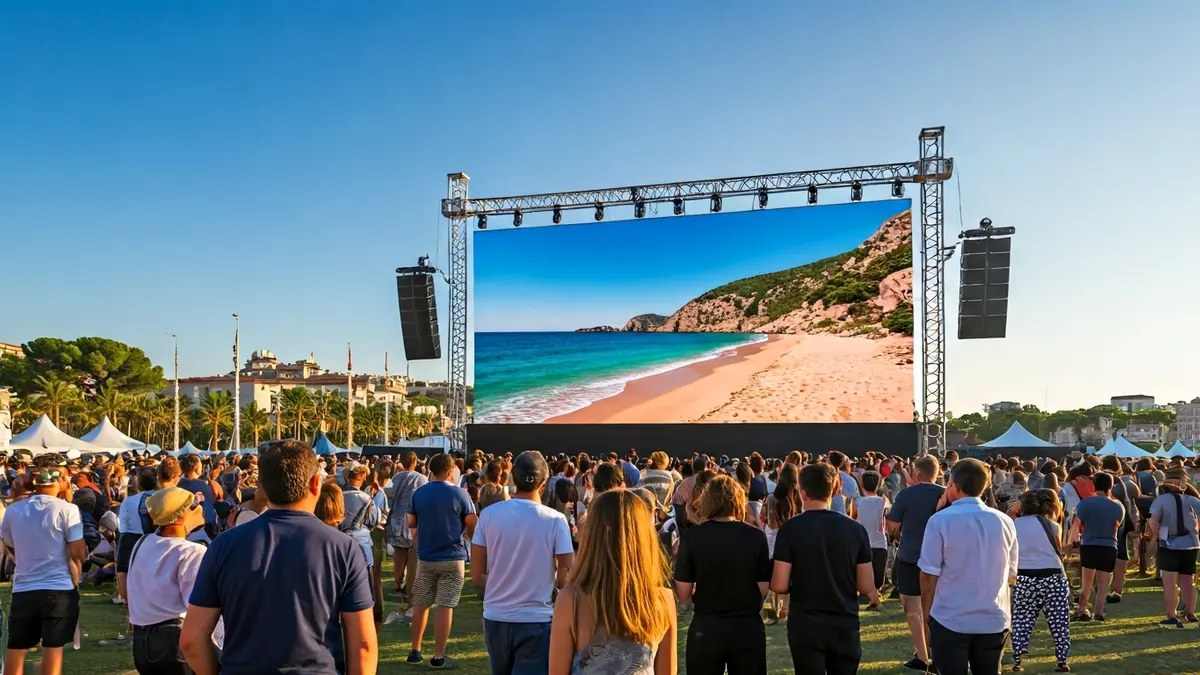 Image of a giant screen projecting promotional videos at an outdoor event.