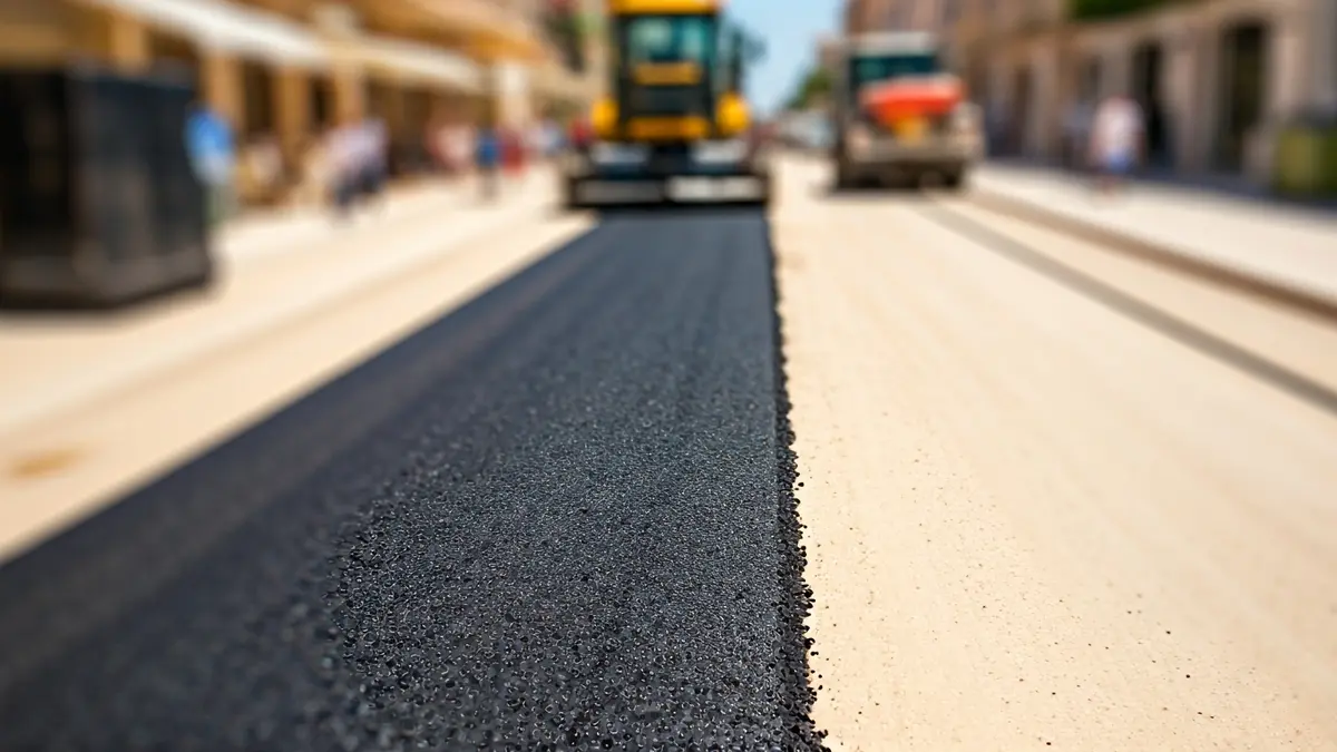 Imatge aèria d'un carrer de Benicàssim amb trams d'asfalt nou i antic, amb maquinària de construcció al fons.