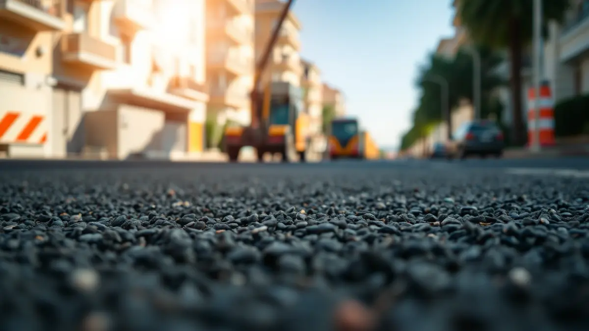 Imatge genèrica d'asfalt nou en una via urbana, amb equip de construcció desenfocat al fons.